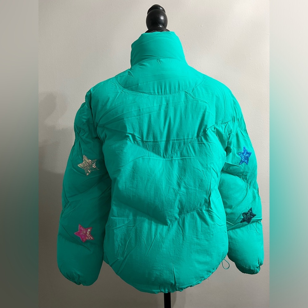 Teal Green Star Sequins Zip Up Puffer Jacket - Picture 8 of 13